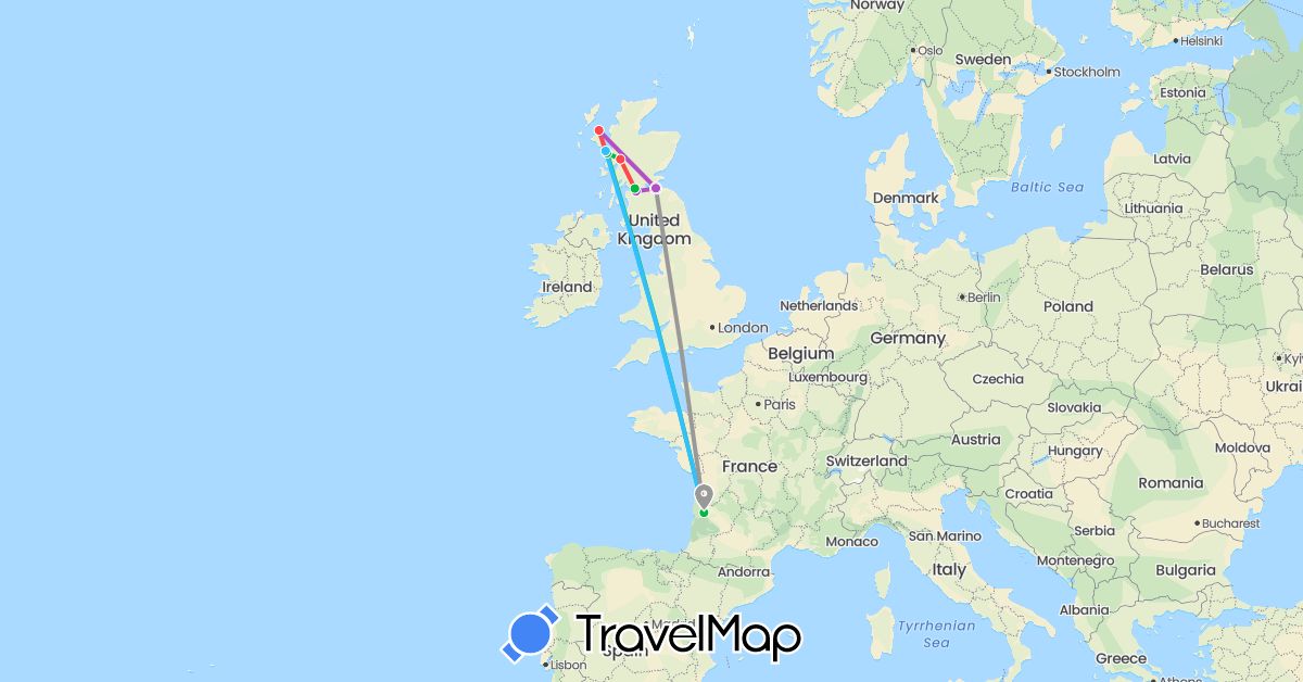 TravelMap itinerary: bus, plane, train, hiking, boat in France, United Kingdom (Europe)